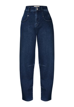 Hochtaillierte, dunkle Jeans aus Denim mit lässiger Passform, ausgestattet mit zwei vorderen Taschen, einem Doppelknopfverschluss und dezenten Anzeichen von Waschung im Stoff.