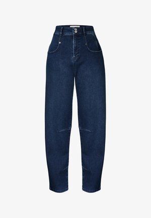 Hochtaillierte, dunkle Jeans aus Denim mit lässiger Passform, ausgestattet mit zwei vorderen Taschen, einem Doppelknopfverschluss und dezenten Anzeichen von Waschung im Stoff.