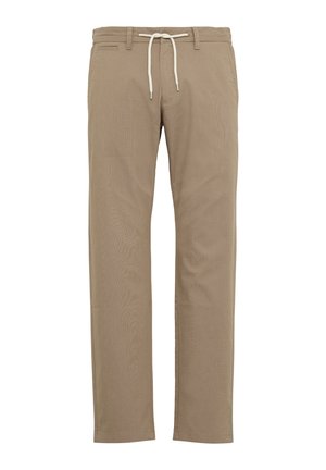 Beige Baumwollhose mit geradem Bein, ausgestattet mit einem Kordelzugbund und vorderen Taschen. Sanfte Textur und minimalistische Details.