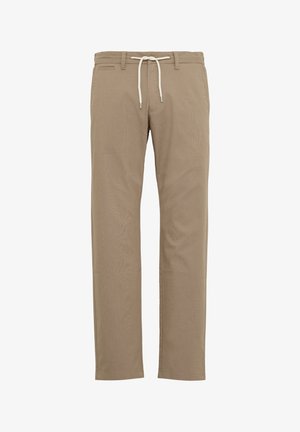 Beige Baumwollhose mit geradem Bein, ausgestattet mit einem Kordelzugbund und vorderen Taschen. Sanfte Textur und minimalistische Details.