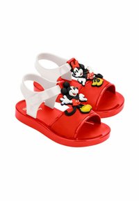 Sandali di plastica rossi con cinturini bianchi, caratterizzati da figure in rilievo di Topolino e Minnie. Design open-toe con una suola texturizzata.