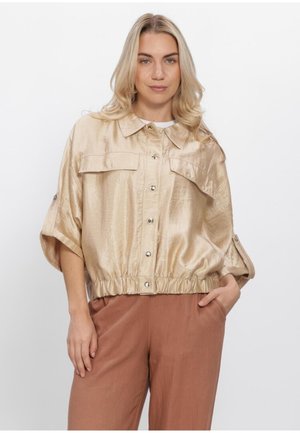 Blonde vrouw die een glanzend beige cropped blouse met knopen en opgerolde mouwen en roestkleurige broek draagt, staand tegen een effen achtergrond.