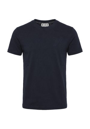 T-shirt da uomo blu navy a maniche corte con scollo rotondo e sottile logo in rilievo sul petto sinistro.