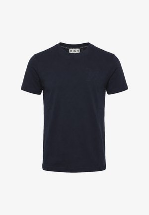 T-shirt da uomo blu navy a maniche corte con scollo rotondo e sottile logo in rilievo sul petto sinistro.