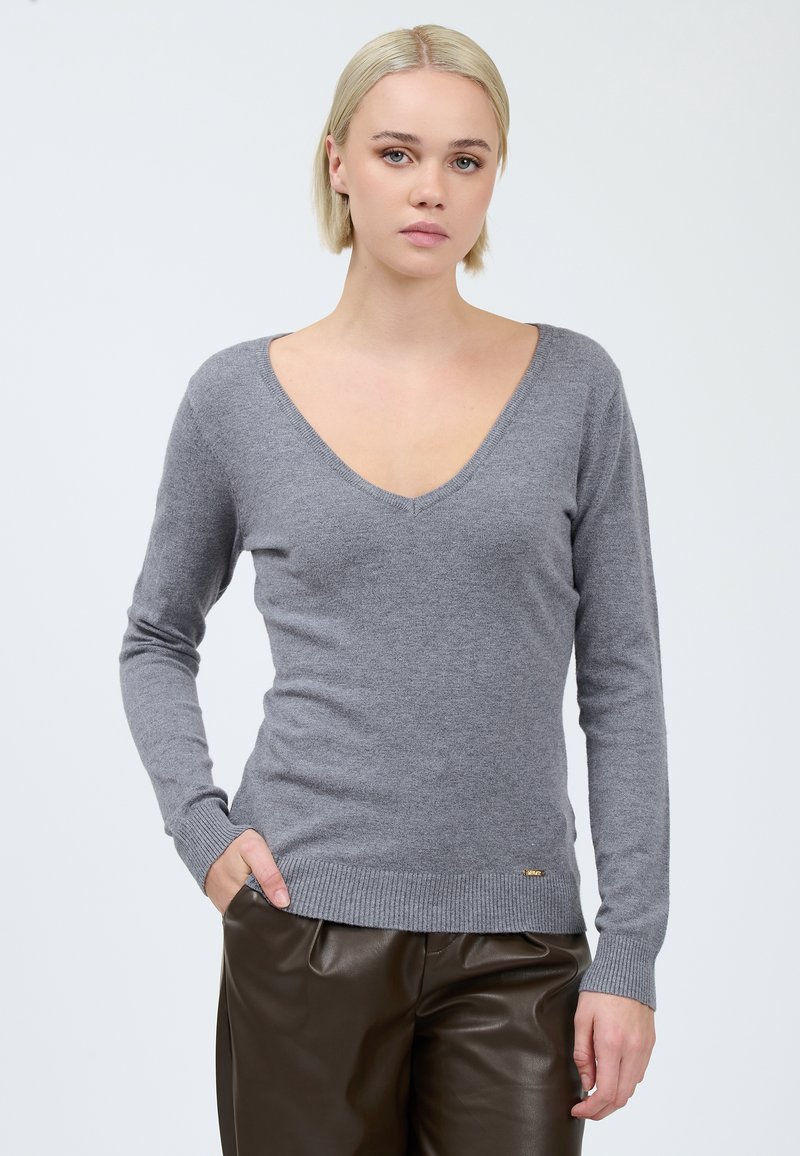 Maglione grigio a collo a V realizzato in tessuto morbido, con maniche lunghe e polsini a costine, accompagnato da un sottile logo accentuato sull'orlo.