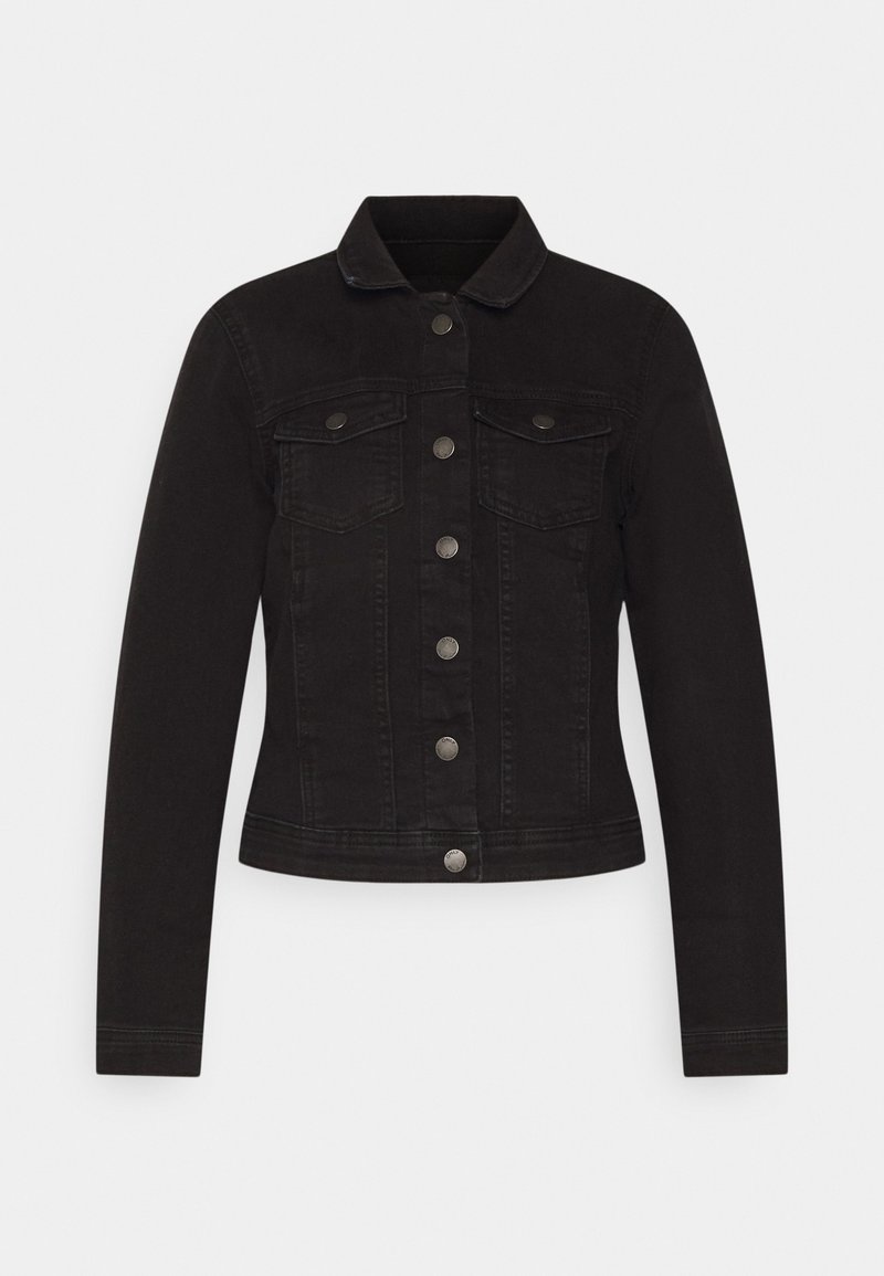 Svart denimjacka med krage, knäppning framtill, två bröstfickor och långa ärmar; har silverfärgade knappar och sömmar.