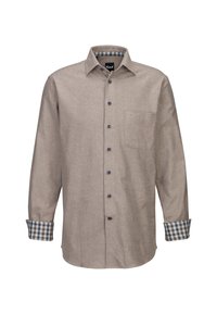 Camicia di flanella marrone con maniche lunghe, caratterizzata da un motivo a quadri sui polsini, una tasca sul petto e bottoni blu. Tessuto strutturato.