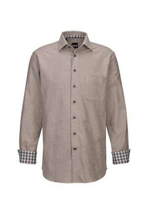Camicia di flanella marrone con maniche lunghe, caratterizzata da un motivo a quadri sui polsini, una tasca sul petto e bottoni blu. Tessuto strutturato.