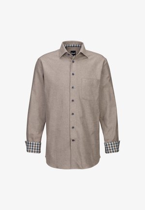 Camicia di flanella marrone con maniche lunghe, caratterizzata da un motivo a quadri sui polsini, una tasca sul petto e bottoni blu. Tessuto strutturato.