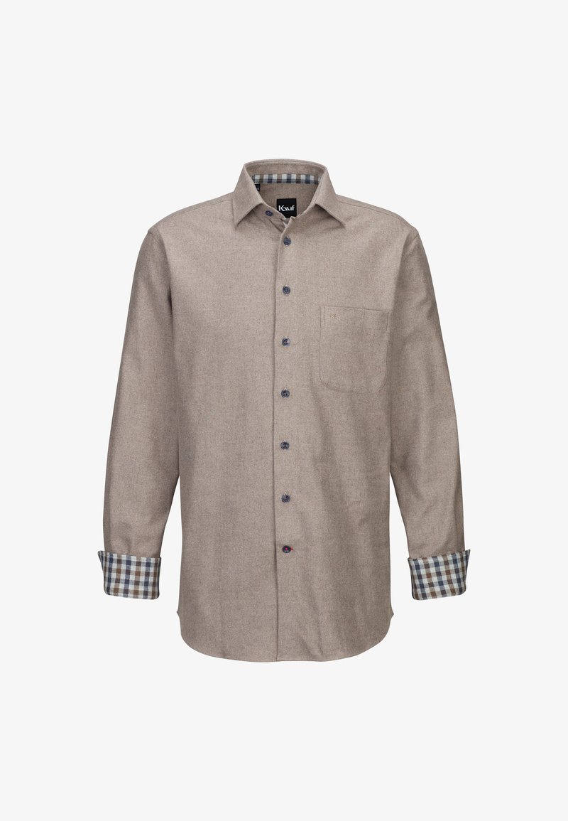 Camicia di flanella marrone con maniche lunghe, caratterizzata da un motivo a quadri sui polsini, una tasca sul petto e bottoni blu. Tessuto strutturato.