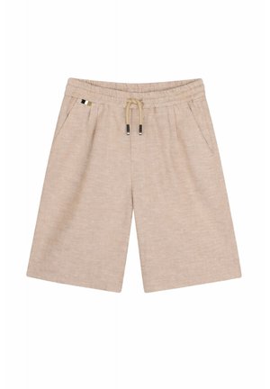 Pantaloncini beige casual fino al ginocchio con vita elastica, coulisse beige con punte metalliche e tasche laterali.