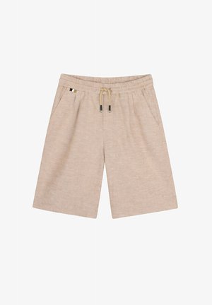 Shorts décontractés beiges jusqu'au genou avec ceinture élastique, cordon beige avec embouts métalliques et poches latérales.