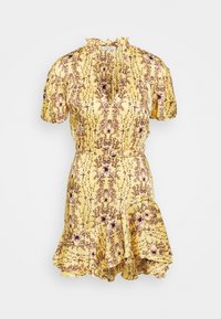 Gelbes Blumenkleid mit kurzen Puffärmeln, tiefem V-Ausschnitt und einem Rüschensaum. Besitzt aufwendige Muster aus kastanienbraunen Blumen und Ranken.