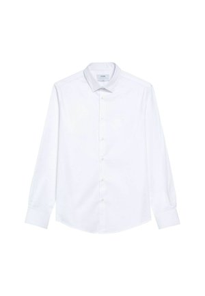 Biała koszula z długim rękawem wykonana z gładkiej tkaniny, z przodem na guziki, ostrym kołnierzykiem i subtelnym detalem logo na piersi.
