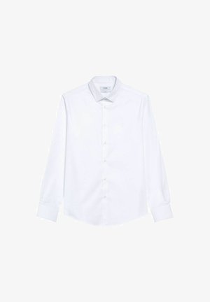 Biała koszula z długim rękawem wykonana z gładkiej tkaniny, z przodem na guziki, ostrym kołnierzykiem i subtelnym detalem logo na piersi.
