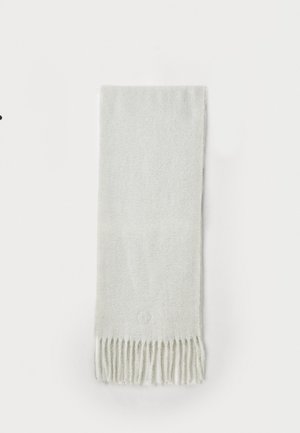 Light gray scarf made of soft fabric, featuring a plain design, fringed edges, and a small logo detail near the bottom edge.