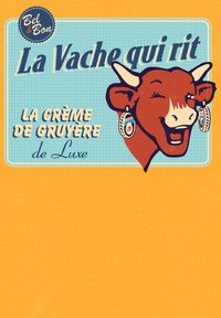Design obalu s usmívající se krávou s náušnicemi na modrém pozadí. Text zní „La Vache qui rit, La crème de Gruyère de Luxe“ na oranžovém pozadí.