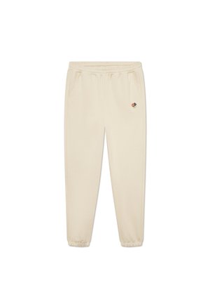 Beige Sweatpants mit elastischem Bund und Bündchen, ausgestattet mit zwei Seitentaschen und einem kleinen gestickten Blumenmotiv auf der Vorderseite.