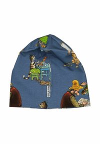 Sininen kangashattu, jossa on värikkäitä kuvastoja kissasta, joka istuu pöydässä, ja miehestä, joka lukee kirjaa keltainen hattu päässään.