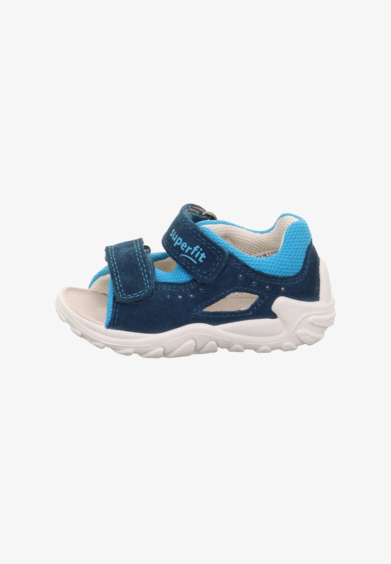 Blaue Wildleder-Sandalen für Kleinkinder mit weißen Sohlen, ausgestattet mit Velcro-Riemen, Schnittdesign für Atmungsaktivität und "superfit"-Logo.