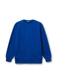 Felpa girocollo di un blu reale uniforme con maniche lunghe e polsini e orlo a coste, appoggiata su uno sfondo bianco.