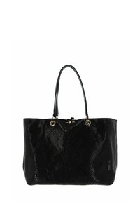 Borsa tote nera con motivo a pelle di serpente testurizzata. Presenta manici neri lisci e dettagli in metallo color oro. Forma rettangolare ampia.