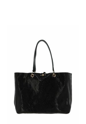 Borsa tote nera con motivo a pelle di serpente testurizzata. Presenta manici neri lisci e dettagli in metallo color oro. Forma rettangolare ampia.