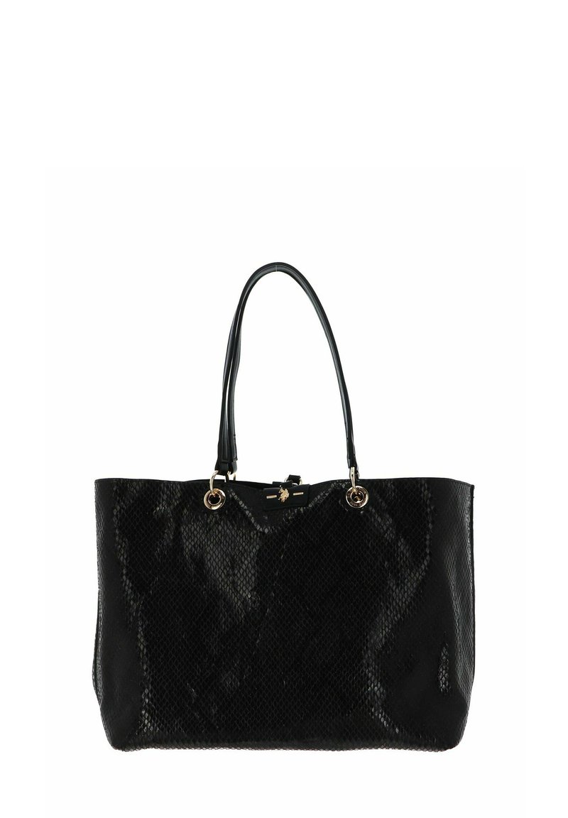 Borsa tote nera con motivo a pelle di serpente testurizzata. Presenta manici neri lisci e dettagli in metallo color oro. Forma rettangolare ampia.