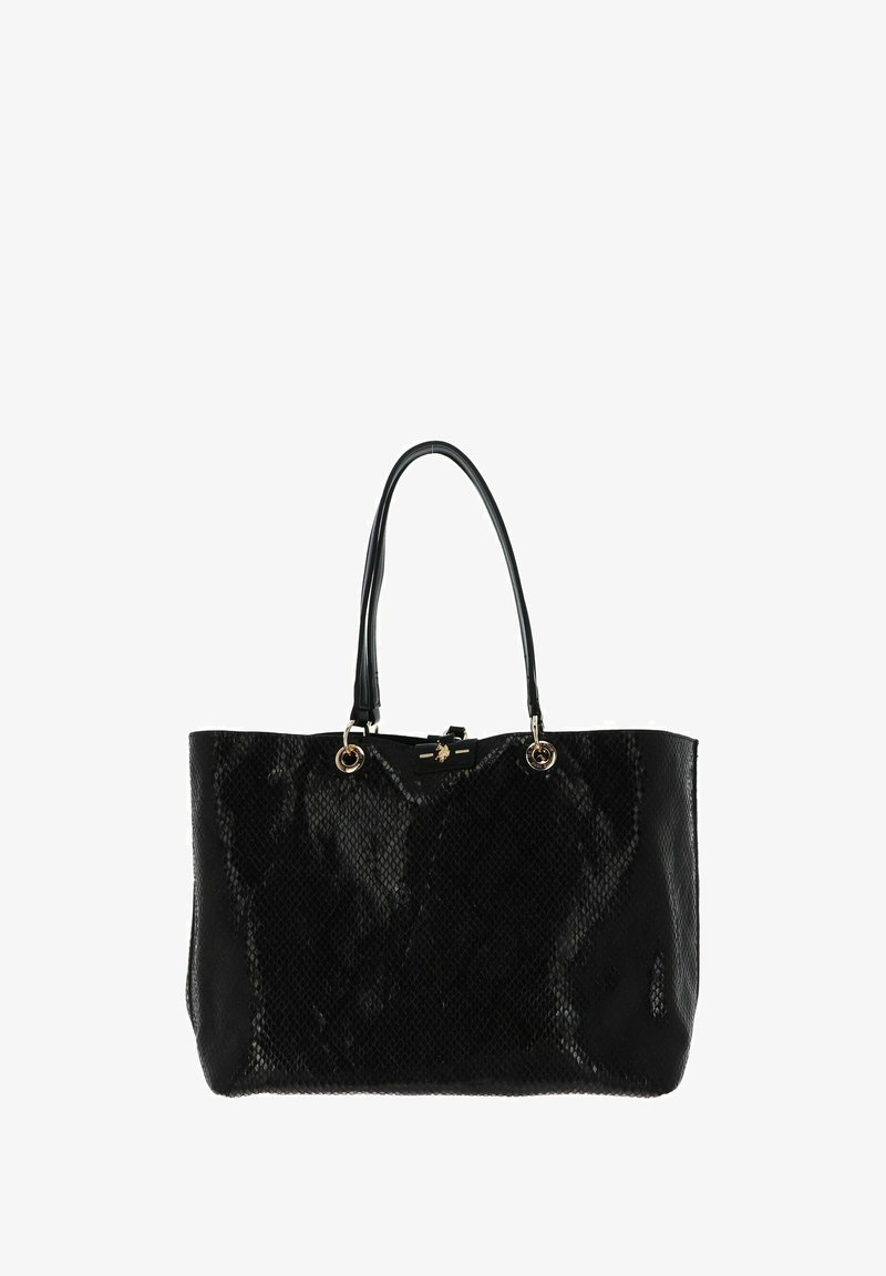 Borsa tote nera con motivo a pelle di serpente testurizzata. Presenta manici neri lisci e dettagli in metallo color oro. Forma rettangolare ampia.