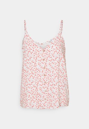 Florales Camisole-Top mit dünnen Trägern, weißem Hintergrund, kleinen roten Blumen und einer Knopfdetail vorne. Leichter Stoff.