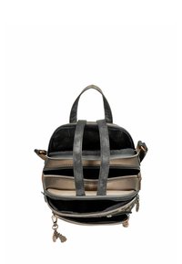 Pequeña mochila de bronce y negro con múltiples compartimentos con cremallera abiertos y dos tirantes verticales.