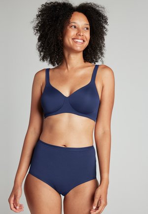 Navy blue lingerie set featuring a smooth bra with wide straps and high-waisted panties, made from soft, stretchy material.