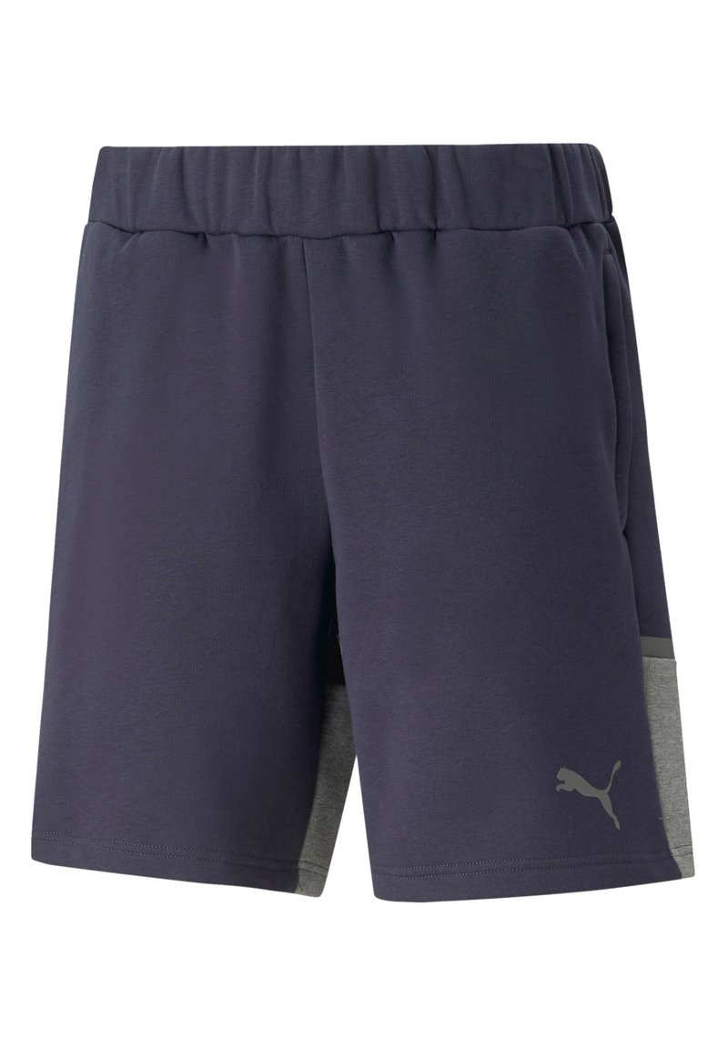 Marineblauwe sportshorts met een elastische tailleband, grijze zijpaneel en PUMA-logo op het onderste deel van het linkerbeen. Zachte, ademende stof.