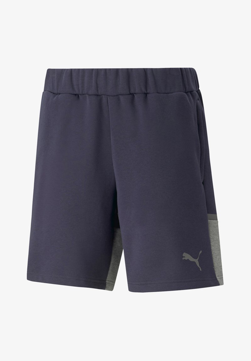Navy blue athletic shorts with an elastic waistband, gray side panel, and PUMA logo on the lower left leg. Soft, breathable fabric.