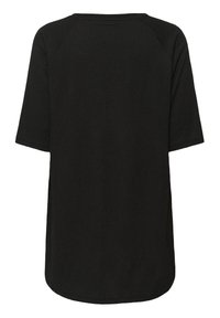Top nero a maniche corte con vestibilità comoda. Presenta un tessuto testurizzato, orlo arrotondato e fessure laterali per facilitare i movimenti.