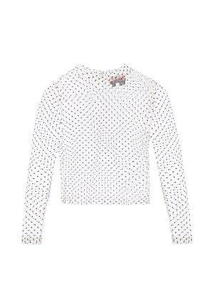 Hvid langærmet mesh-top med sorte spredte polkaprikkker og rund halsudskæring, lagt fladt på en hvid baggrund.