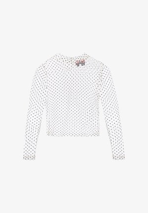 Hvid langærmet mesh-top med sorte spredte polkaprikkker og rund halsudskæring, lagt fladt på en hvid baggrund.
