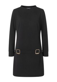 Black dress with long sleeves, round neckline, and two gold-tone square buckles at the waist. Smooth fabric with a tailored fit.