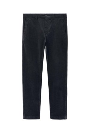 Pantaloni in corduroy neri con taglio dritto, tasche frontali e chiusura con un solo bottone. Tessuto strutturato con righe verticali prominenti.