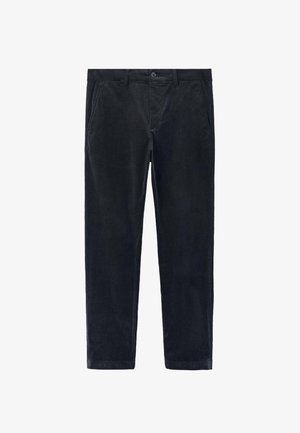 Pantalons en velours côtelé noirs à coupe droite, avec poches avant et fermeture par un seul bouton. Tissu texturé avec des côtes verticales prononcées.