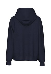 Felpa con cappuccio blu navy dal taglio rilassato, con polsini e orlo a coste, caratterizzata da una texture liscia e senza logo o motivi visibili.