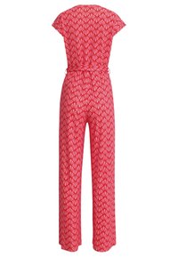 Rode jumpsuit met een bladpatroon, korte mouwen, een strik taille en brede pijpen. De stof lijkt lichtgewicht en glad.