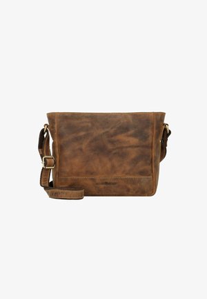 Brown leather crossbody bag with a smooth texture, rectangular shape, adjustable strap, and subtle branding on the front.