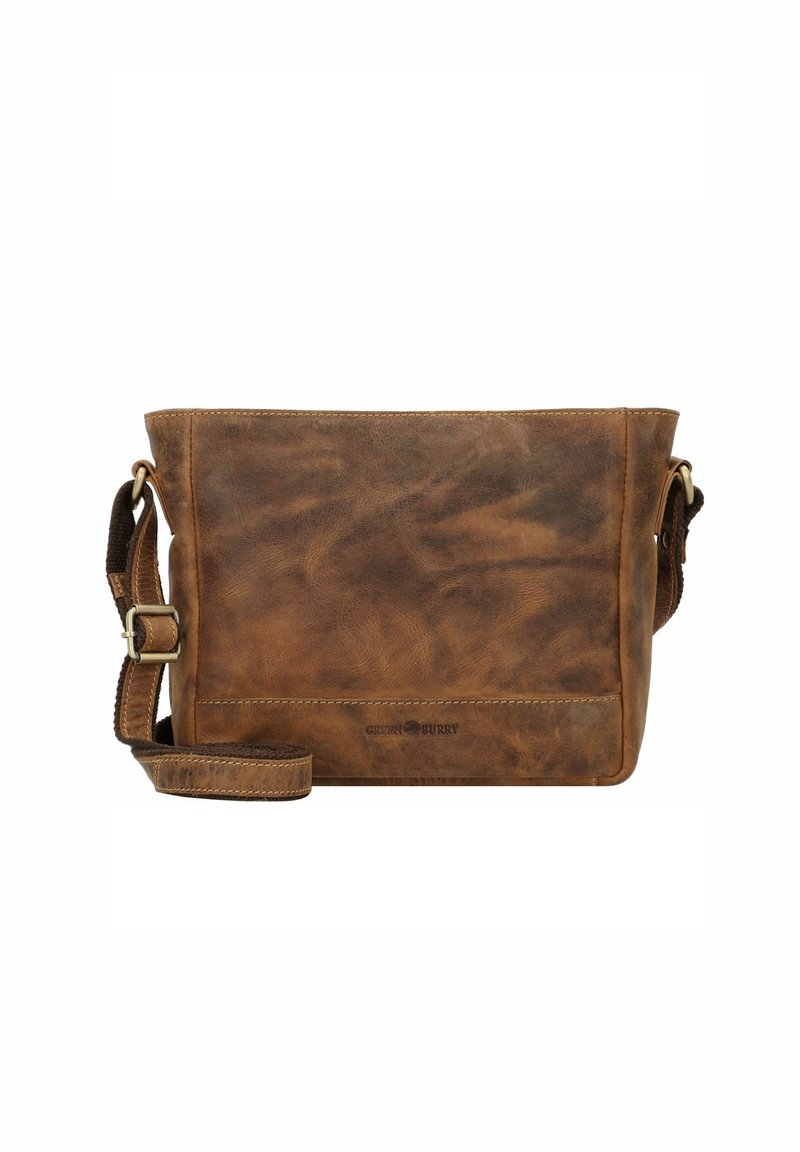 Brown leather crossbody bag with a smooth texture, rectangular shape, adjustable strap, and subtle branding on the front.