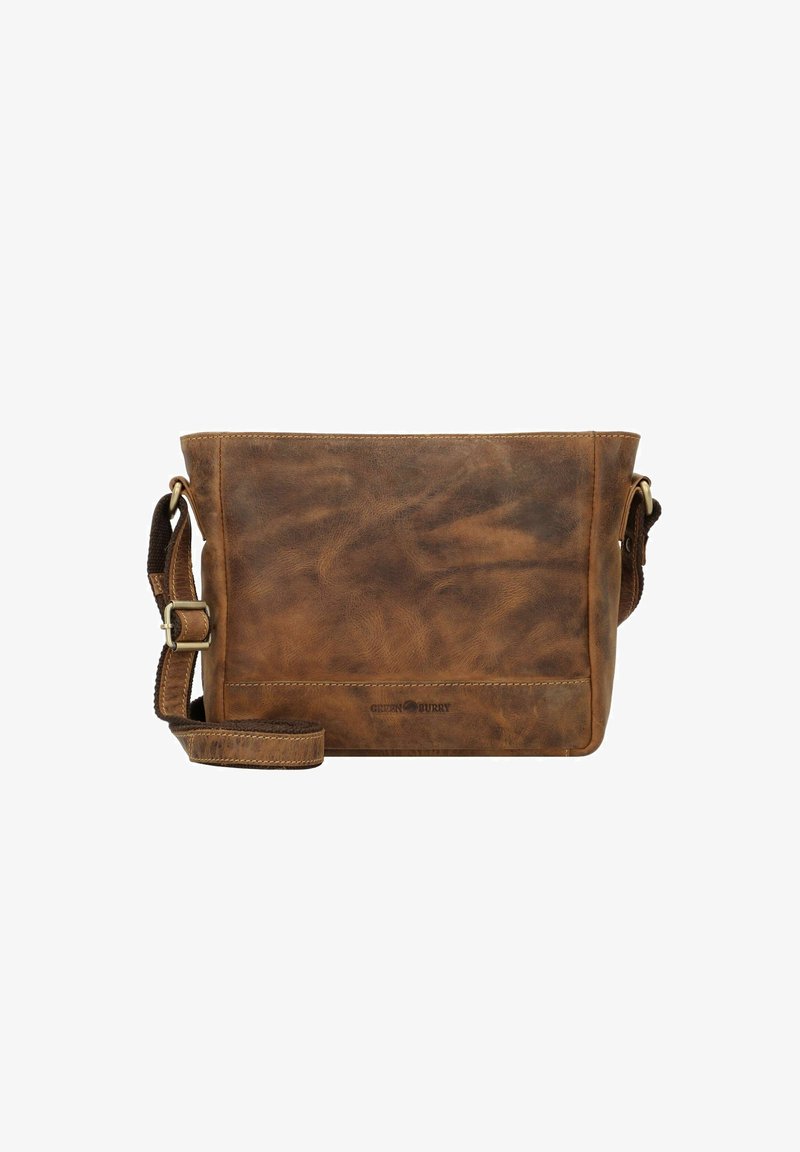 Borsa a tracolla in pelle marrone con una superficie liscia, forma rettangolare, tracolla regolabile e branding discreto sul davanti.