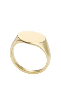 Gouden ring met een gladde, ronde band en een langwerpig ovale bovenkant, met een minimalistisch en gepolijst ontwerp.