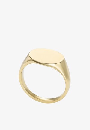Gouden ring met een gladde, ronde band en een langwerpig ovale bovenkant, met een minimalistisch en gepolijst ontwerp.
