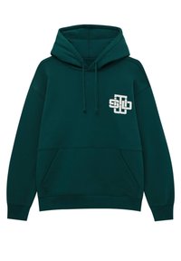 Sudadera verde de mezcla de algodón, con un bolsillo frontal, capucha ajustable con cordón y un logo blanco en el pecho. Textura suave.