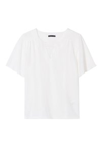 Top bianco a maniche corte con una vestibilità morbida, scollatura a V e delicati dettagli plissettati sul busto. Tessuto morbido con una consistenza liscia.