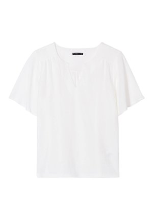 Witte korte mouwtop met een ontspannen pasvorm, V-halslijn en subtiele plooidetail op het lijfje. Zachte stof met een gladde textuur.